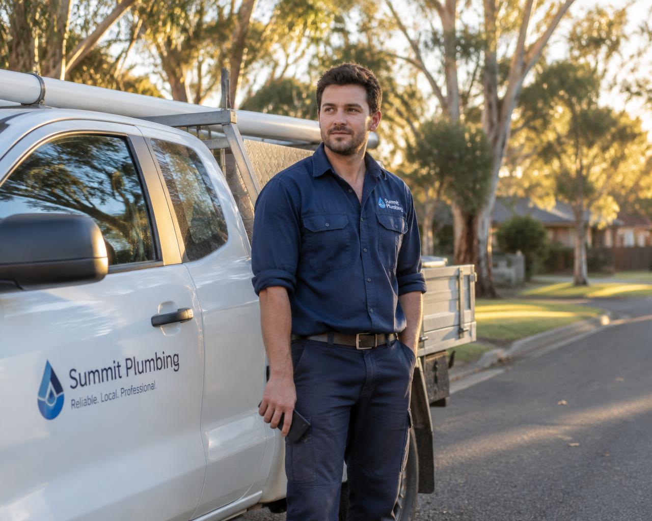 A plumber standing beside his ute